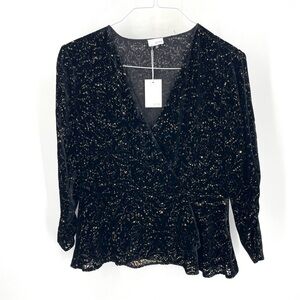 ECRU Silk Black Gold Speckled Velvet Burnout VNeck Wrap Peplum Party Blouse Top